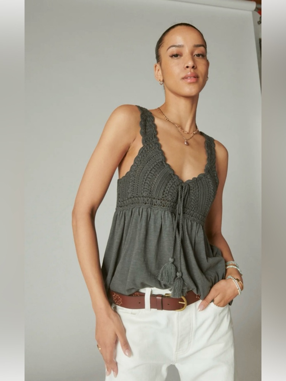 Lucky Brand Dark Grey Crochet Babydoll Tank